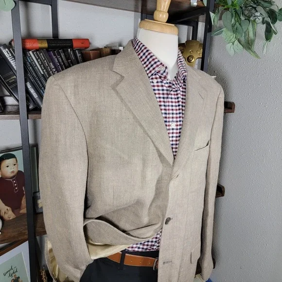 Eddie Bauer Men's Sport Coat Blazer Two Button Beige Herringbone Irish Linen 44R